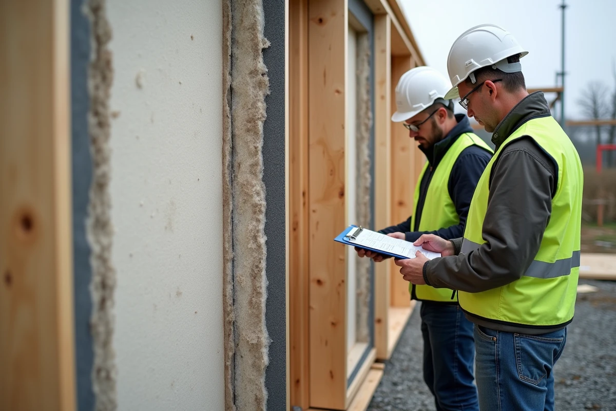 Chantier de construction d'une maison passive avec isolation en cellulose et ossature bois, détail technique de mur