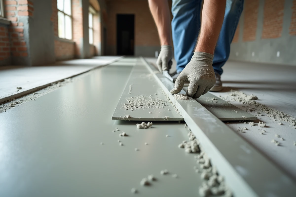 Chape ciment fraîchement coulée et talochée pour la pose de carrelage dans une pièce en rénovation