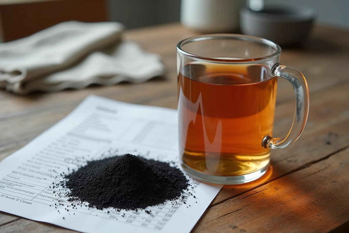 Granules de charbon actif et verre d'eau colorée par le fer posés sur une table en bois avec rapport qualité de l'eau