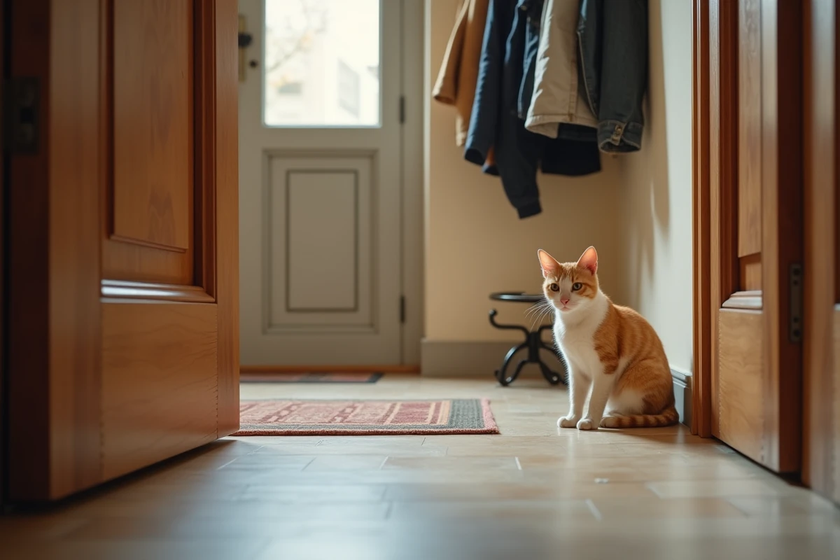 Chat roux assis dans un couloir d'appartement devant une porte fermée avec un joint de bas de porte pour éviter la fugue