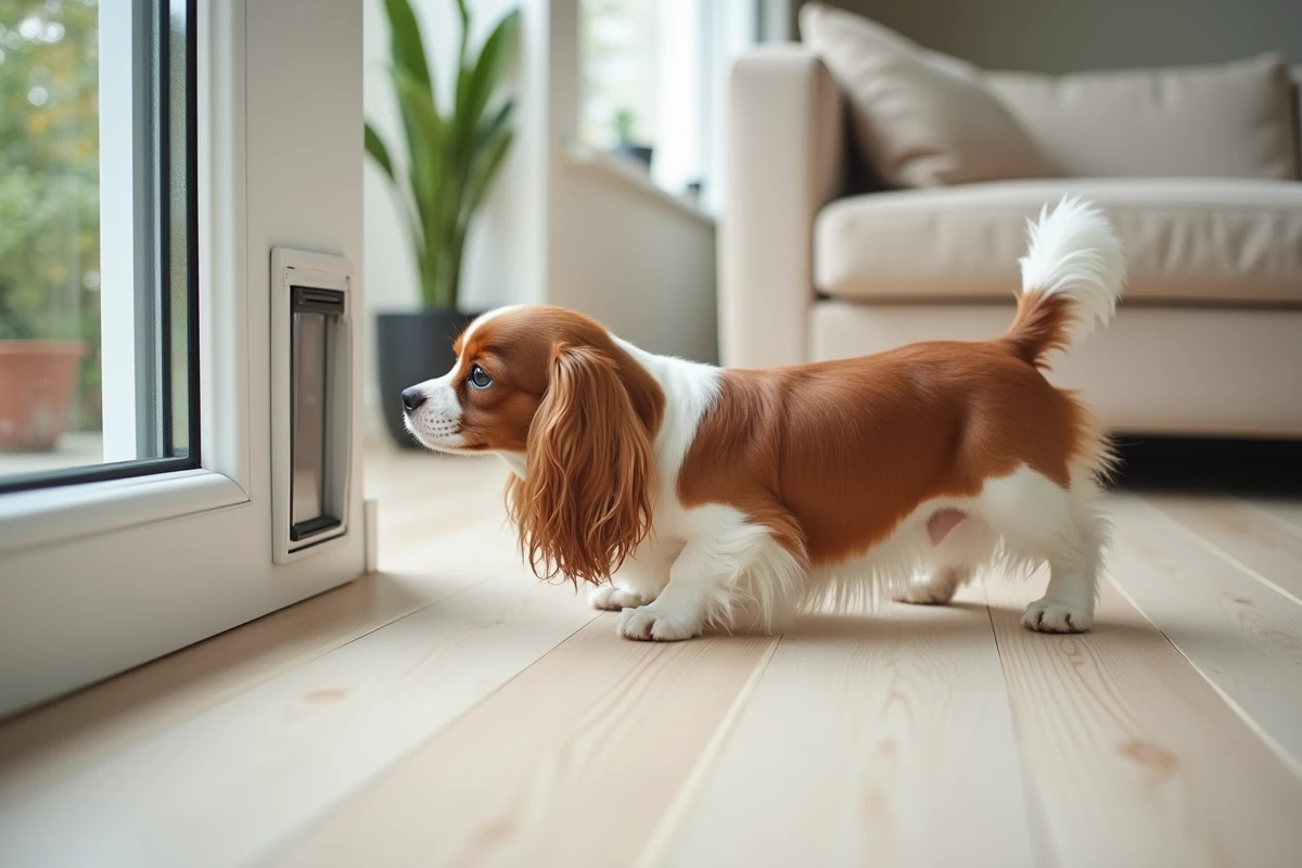 Petit chien Cavalier King Charles explorant une chatière amovible grand format sur une porte-fenêtre coulissante blanche