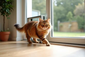 Grand chat Maine Coon passant par une chatière amovible installée sur une porte-fenêtre en verre dans un intérieur moderne