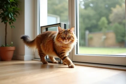 Grand chat Maine Coon passant par une chatière amovible installée sur une porte-fenêtre en verre dans un intérieur moderne