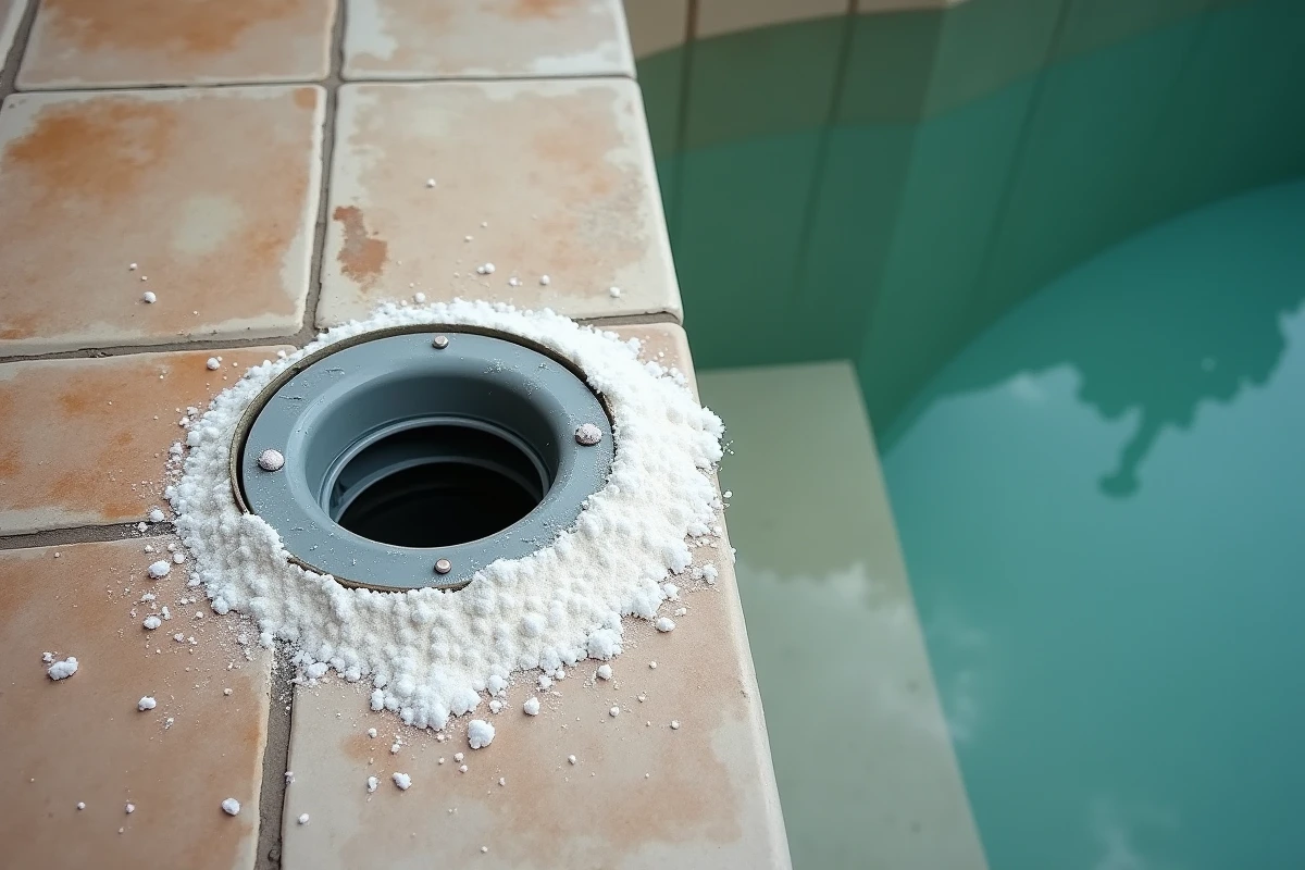 Panier de skimmer ouvert avec granulés de chlore choc répandus sur le bord de piscine en carrelage