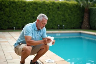 Homme lisant l'étiquette d'un bidon de chlore choc au bord d'une piscine avec skimmer visible