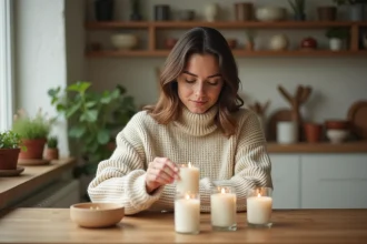 Femme choisissant une bougie parfumée parmi plusieurs modèles posés sur une table en bois dans une cuisine scandinave chaleureuse
