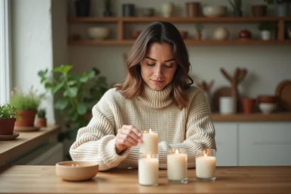 Femme choisissant une bougie parfumée parmi plusieurs modèles posés sur une table en bois dans une cuisine scandinave chaleureuse
