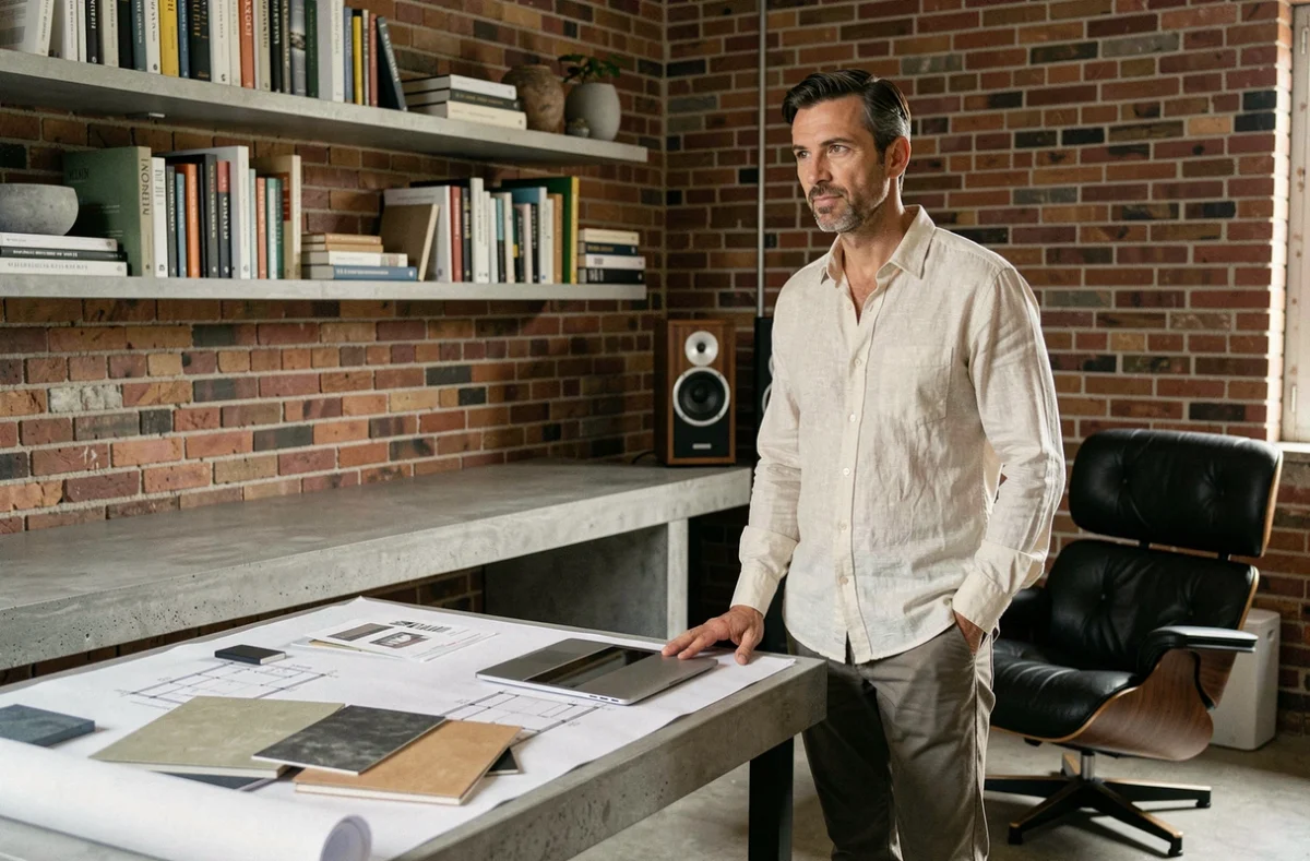 Architecte d'intérieur Christophe Sarlandie dans son studio de Villeurbanne avec table de travail en béton et bibliothèque design
