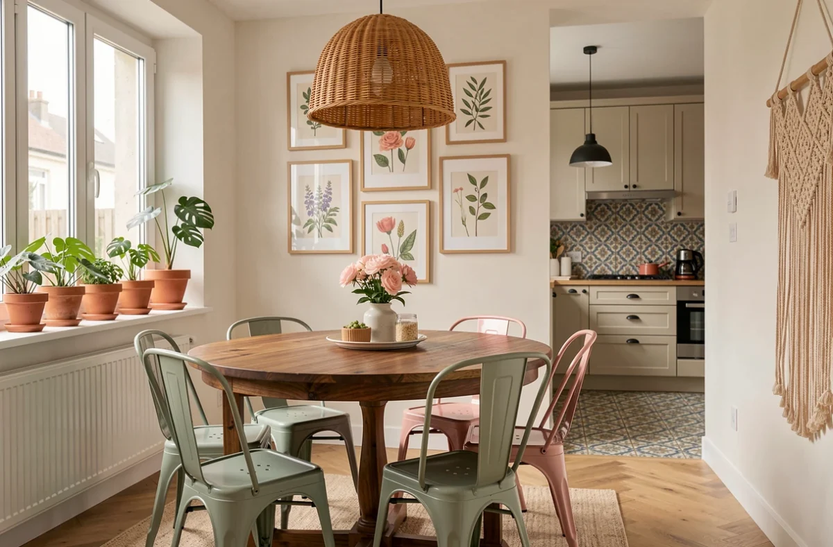 Intérieur décoratif et chaleureux réalisé par Clemyo avec table en noyer, chaises colorées et mur de cadres botaniques