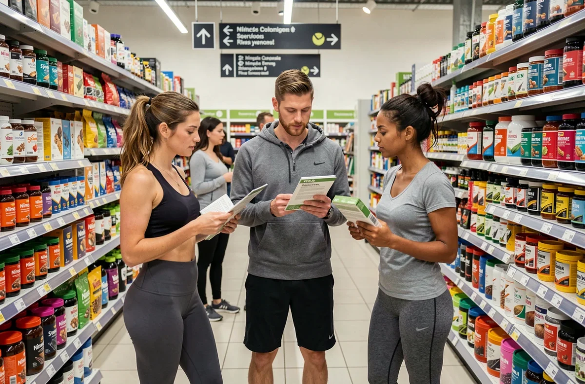 Clients comparant des produits nutritionnels et accessoires de sport dans les rayons du magasin Ville Active Nîmes