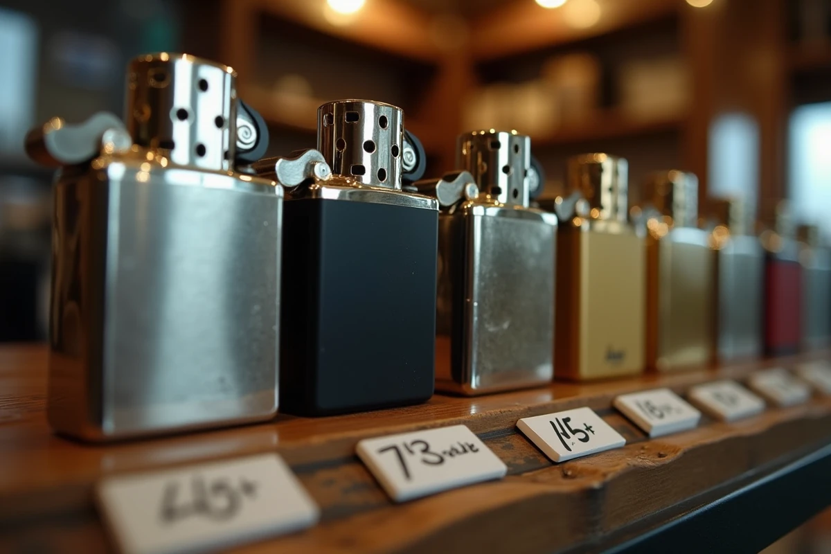 Rangée de briquets aux finitions variées sur une étagère de boutique, alliant style premium et prix abordable