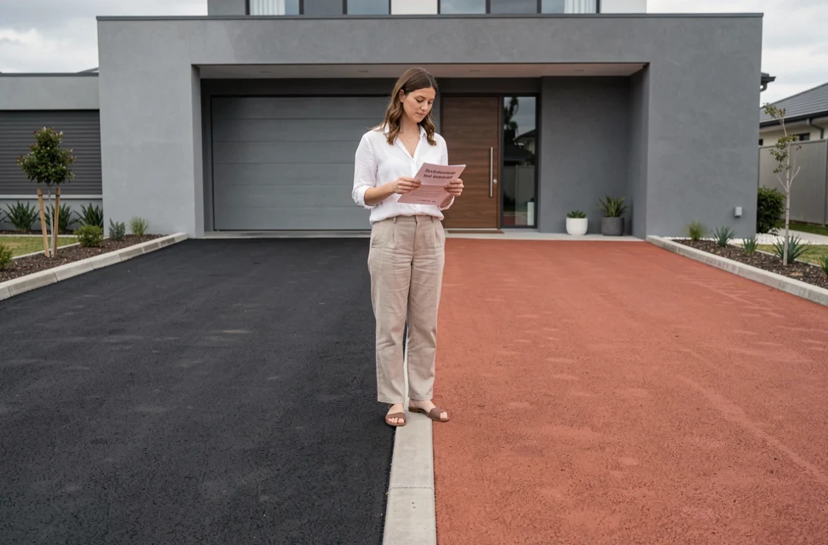 Comparaison visuelle d'une allée en enrobé noir et d'une allée en enrobé rouge devant une maison contemporaine