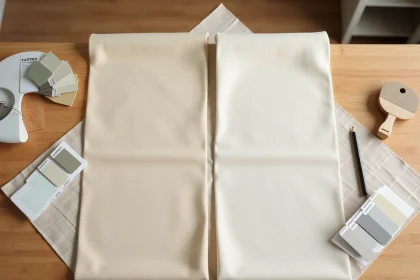 Comparaison côte à côte des teintes beige toile et beige accessible sur des échantillons de tissu et nuanciers de peinture