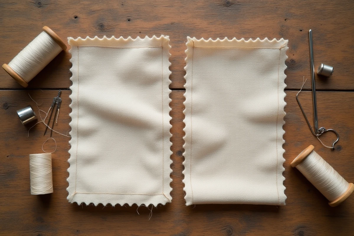 Comparaison entre la couture à la main et à la machine sur deux morceaux de tissu en coton beige