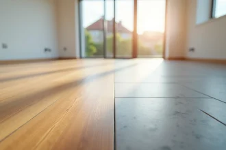 Comparaison entre parquet en chêne et carrelage gris dans une pièce en cours de rénovation