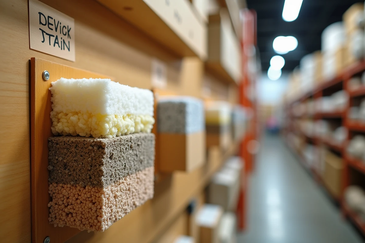 Échantillons comparatifs des trois types d'isolation en coupe transversale exposés dans un magasin de matériaux de construction