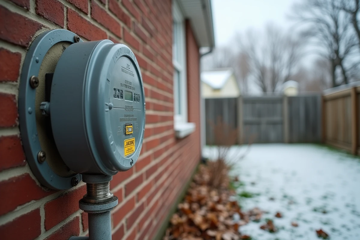 Compteur de gaz naturel extérieur fixé sur le mur d'une maison résidentielle en hiver