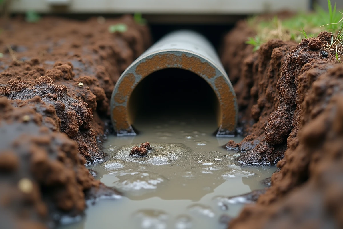 Conduite de fosse septique bouchée avec accumulation de boues et racines envahissantes