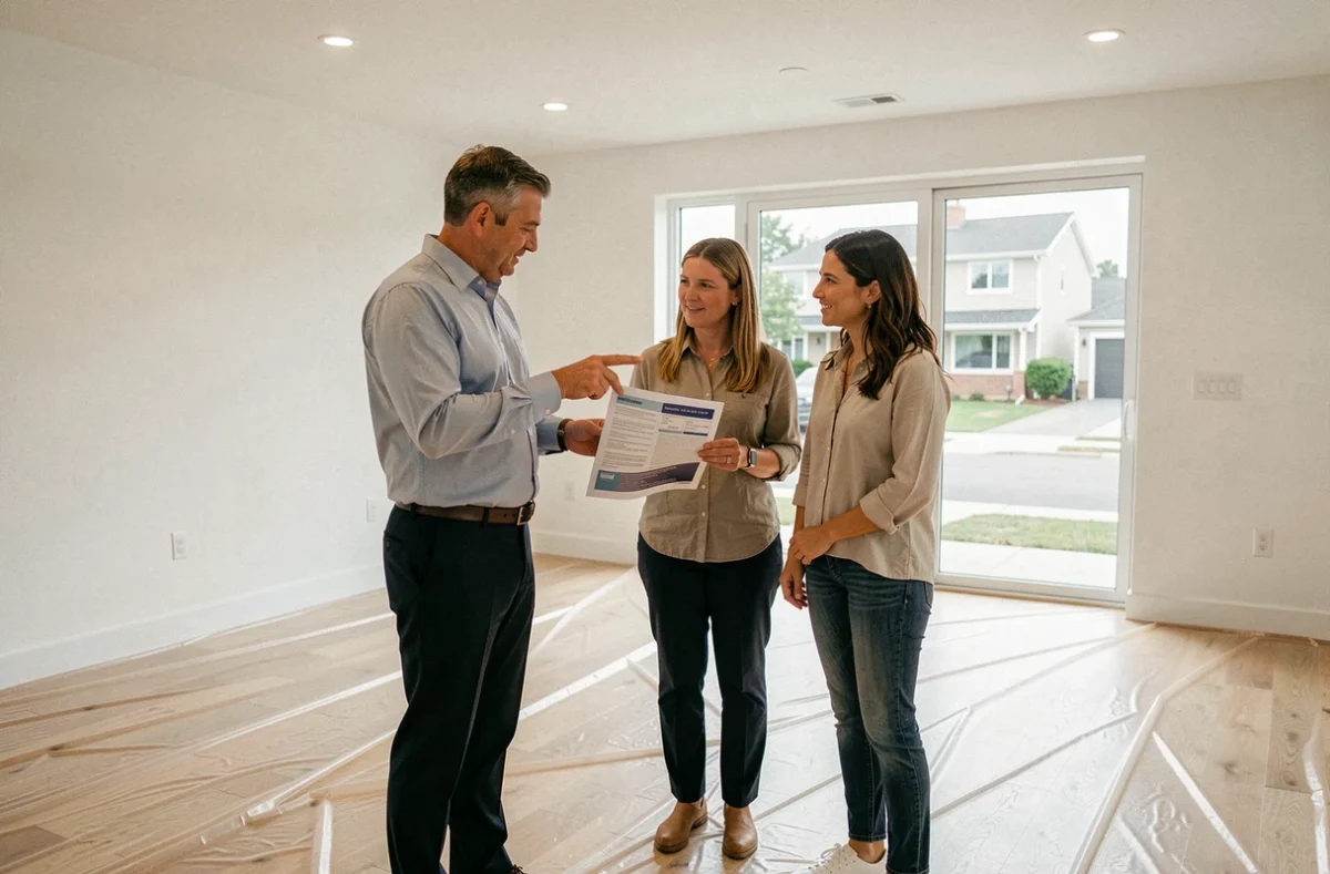 Conseiller en assurance présentant un contrat habitation à un couple dans le salon d'une maison neuve