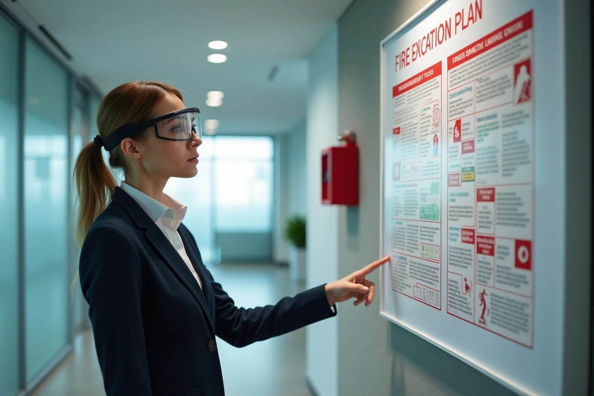 Consultante en sécurité incendie présentant un plan d'évacuation affiché dans un couloir de bureau moderne