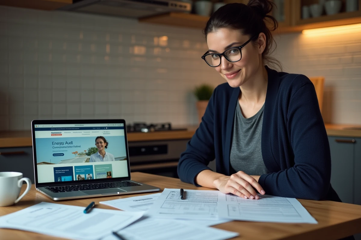 Femme consultant les aides et subventions pour travaux de rénovation énergétique sur ordinateur portable après un bilan DPE
