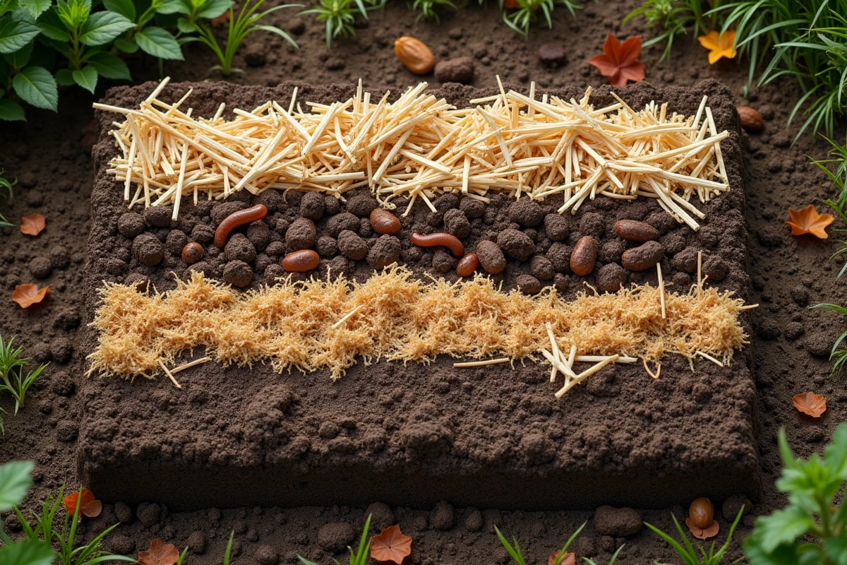Coupe transversale des couches d'un potager en lasagnes sans retournement de la terre avec paille et compost