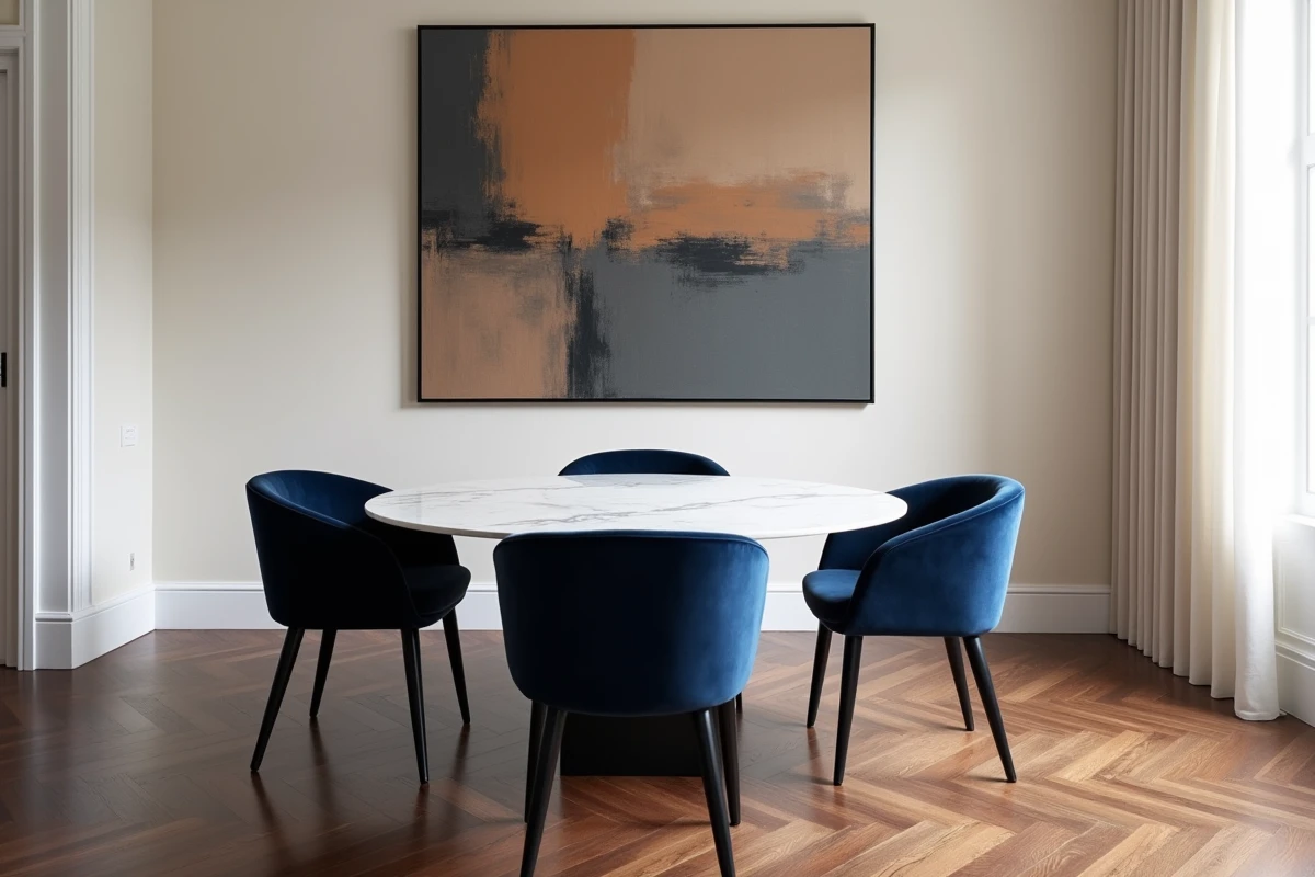 Salle à manger avec parquet en chevrons noyer foncé associé à des chaises en velours bleu marine et des murs blancs ivoire