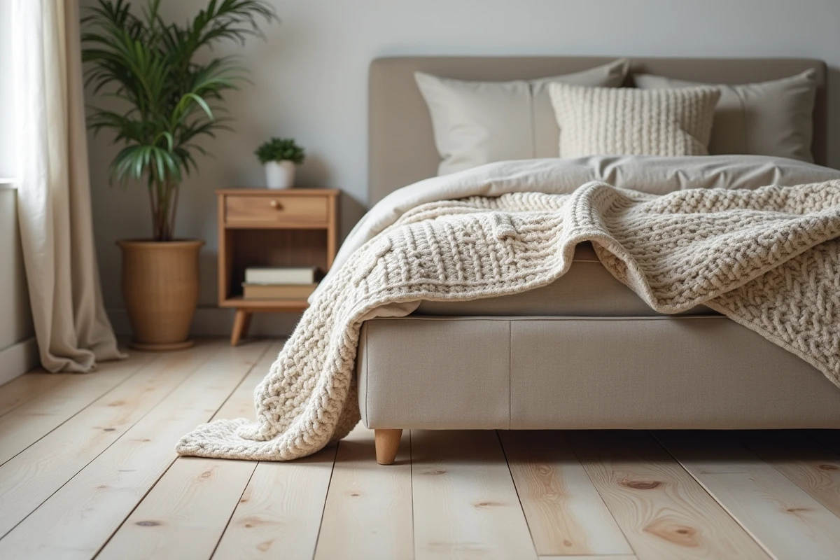 Chambre avec parquet pin gris clair associé à un lit en lin beige et des textiles naturels pour une ambiance apaisante
