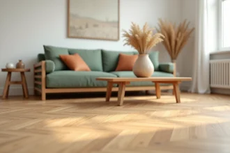 Salon scandinave avec parquet en chêne miel et canapé vert sauge associant harmonieusement couleurs naturelles et bois clair
