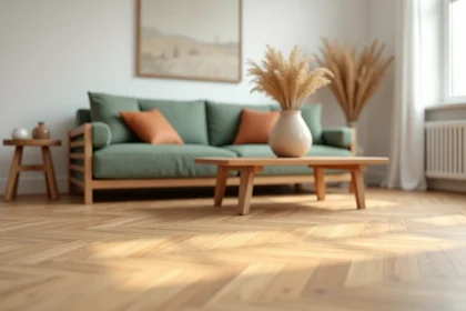Salon scandinave avec parquet en chêne miel et canapé vert sauge associant harmonieusement couleurs naturelles et bois clair