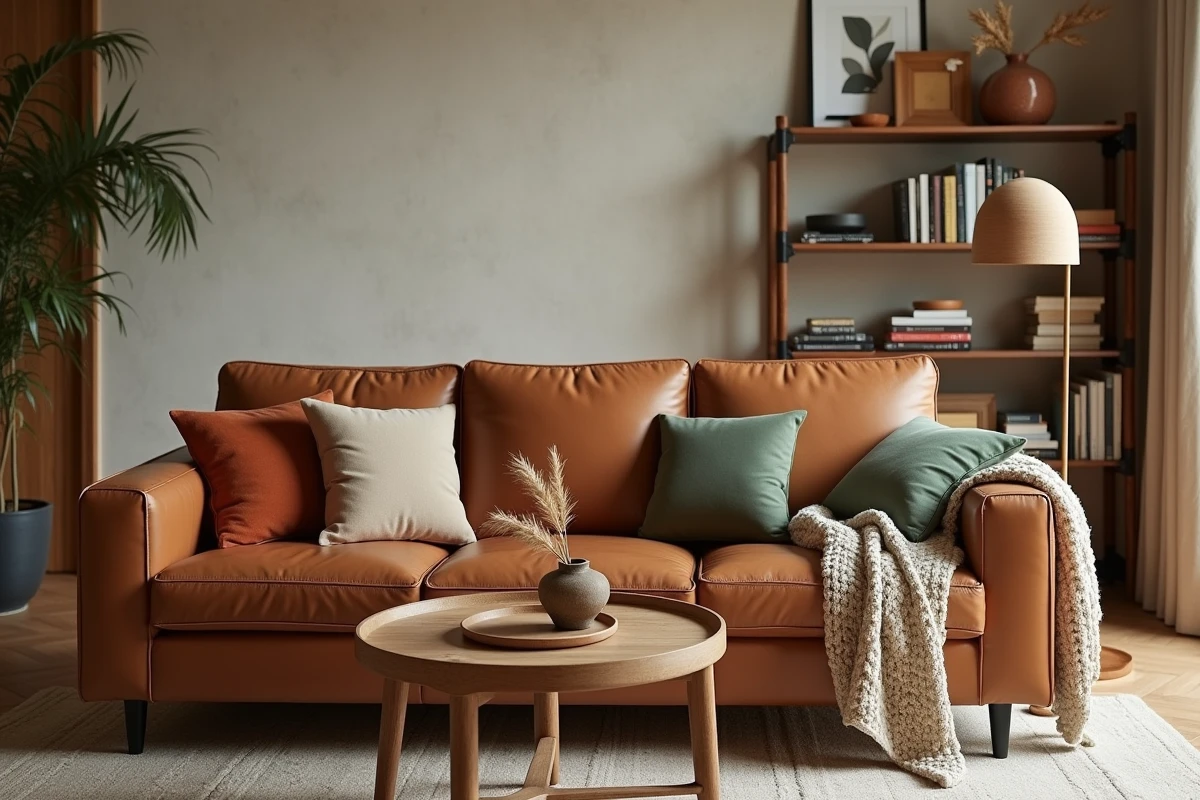 Salon décoré dans des tons marron, terracotta et vert sauge montrant les couleurs qui s'harmonisent avec le marron en décoration intérieure