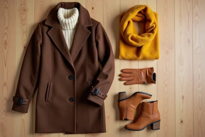 Flatlay de tenues en nuances de marron, crème et moutarde sur bois clair pour illustrer les couleurs qui s'accordent avec le marron