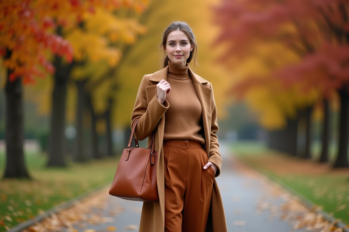 Femme portant une tenue marron caramel et orange rouille en automne dans un parc, illustrant les associations de couleurs avec le marron