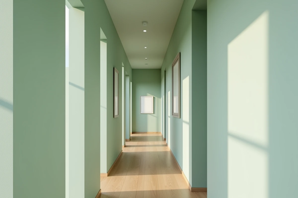 Couloir étroit avec rayures verticales vert sauge pour donner une impression de hauteur et de profondeur