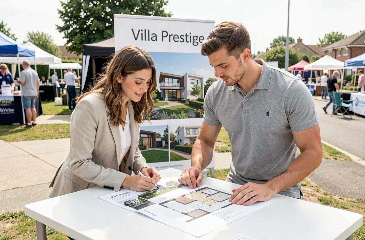 Couple étudiant un brochure de villa lors d'un salon immobilier en plein air