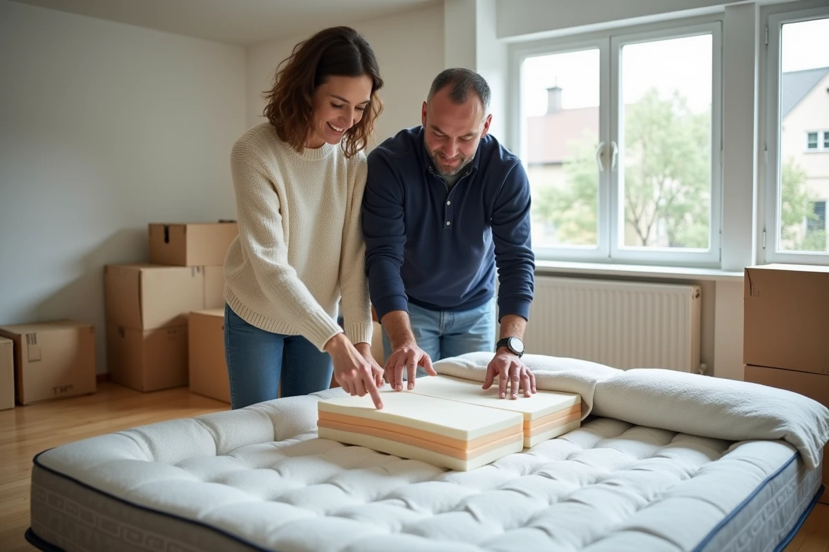 Couple examinant les couches internes d'un matelas orthopédique pour soulager les douleurs de dos