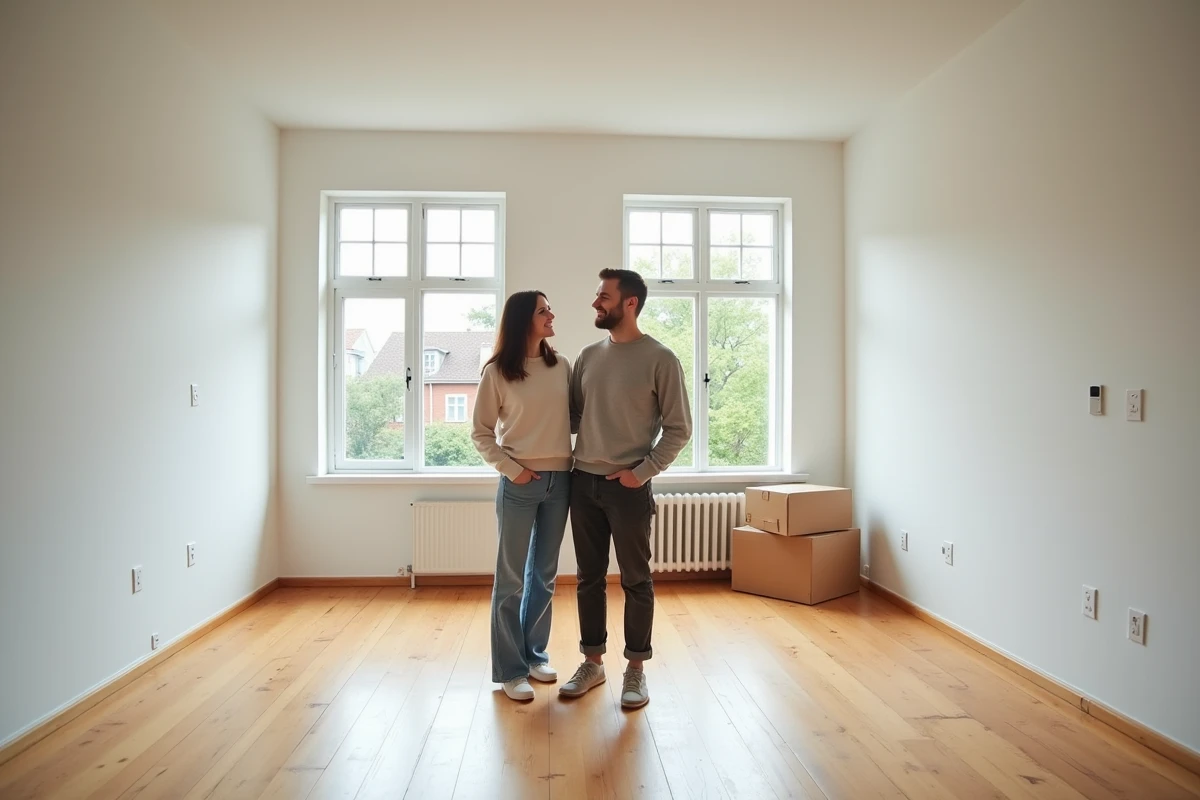 Couple de nouveaux propriétaires heureux dans leur maison vide prête à être aménagée