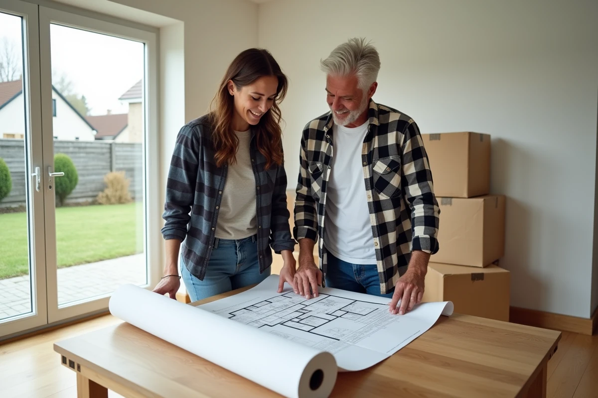 Couple étudiant les plans d'une maison plain-pied sans sous-sol dans leur nouveau logement