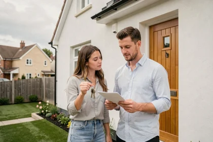 Couple tenant des clés et vérifiant des documents devant une maison neuve avant la remise des clés