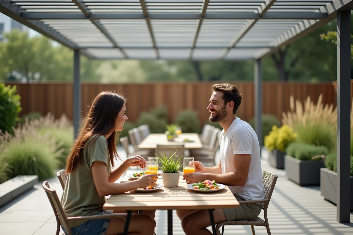 Couple déjeunant sous une pergola bioclimatique à lames orientables sur une terrasse contemporaine