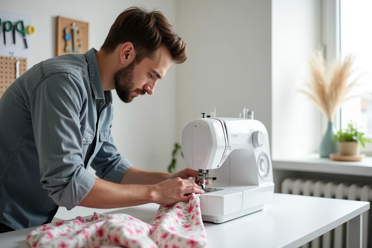 Homme utilisant une machine à coudre moderne sur un bureau scandinave épuré