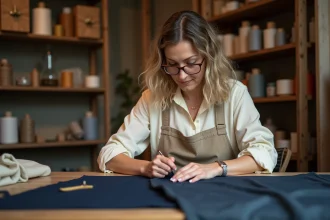 Femme cousant à la main un tissu en laine marine dans un atelier de couture artisanal