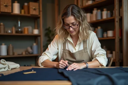 Femme cousant à la main un tissu en laine marine dans un atelier de couture artisanal