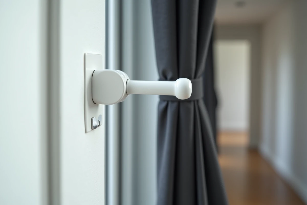 Gros plan sur un système de tringle rideau à crochets adhésifs sans perçage fixé sur un mur blanc avec un rideau occultant anthracite