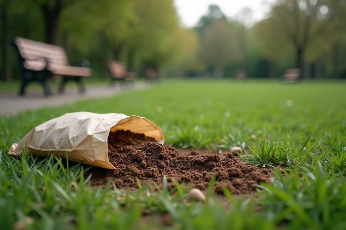 Crotte de chien non ramassée sur la pelouse d'un parc public avec un sac à déjections inutilisé à côté, montrant le problème de pollution canine dans les espaces verts