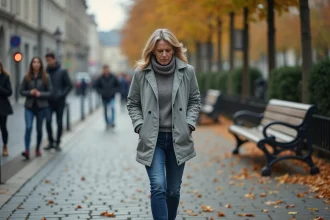 Femme en ville regardant une crotte de chien sur le trottoir en pavé, illustrant le problème des déjections canines non ramassées en milieu urbain