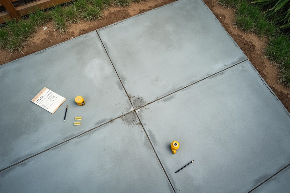 Vue en plongée d'une dalle de béton avec joints de dilatation et outils de mesure pour estimation de prix