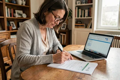 Femme remplissant un formulaire de déclaration de valeur pour son contrat habitation Macif à domicile