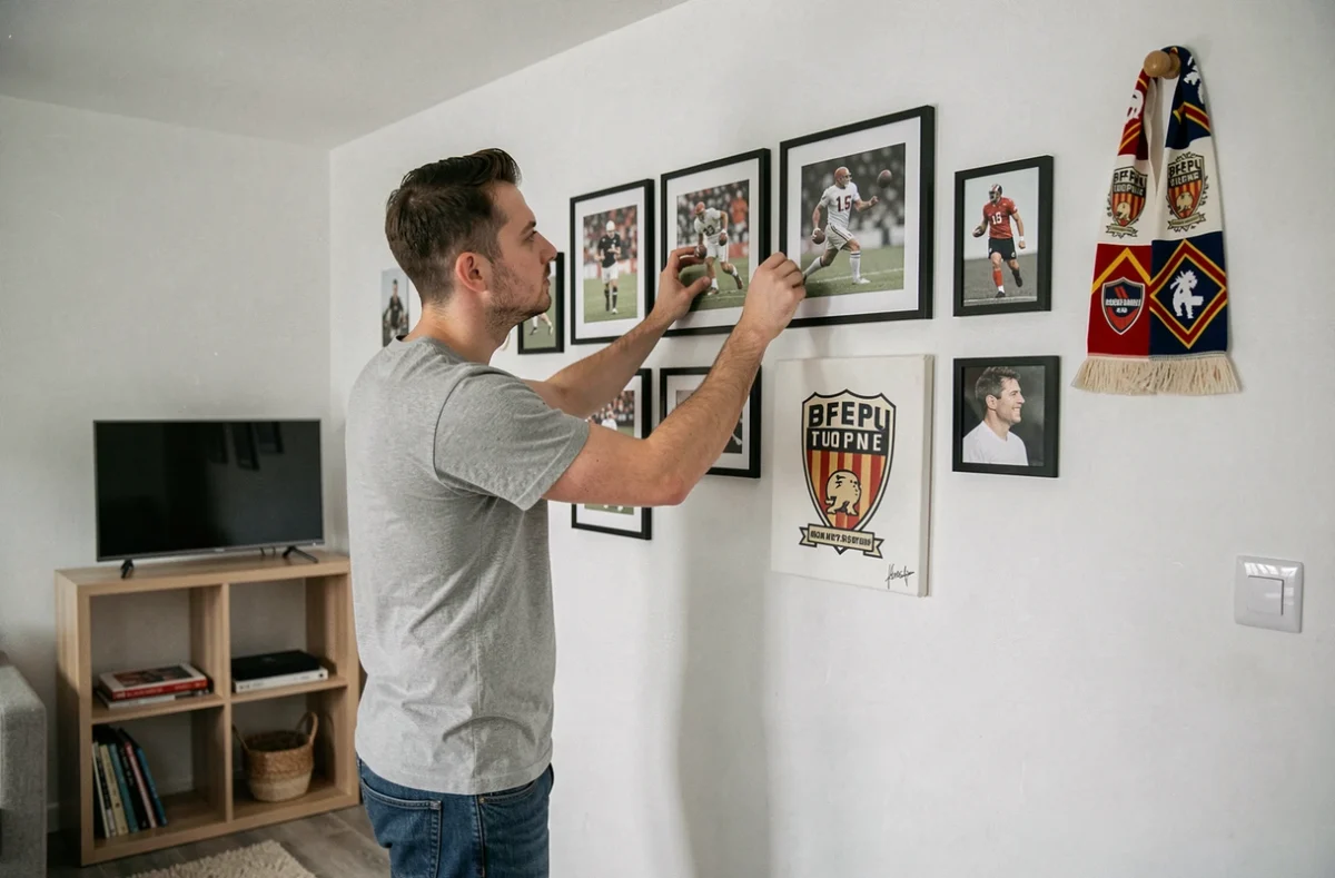 Jeune homme installant une galerie murale football DIY dans un salon moderne avec cadres et écharpe décorative à petit prix