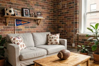 Coin salon décoré avec des accessoires football abordables, étagère en bois avec ballon vintage et fanion coloré dans un appartement cosy